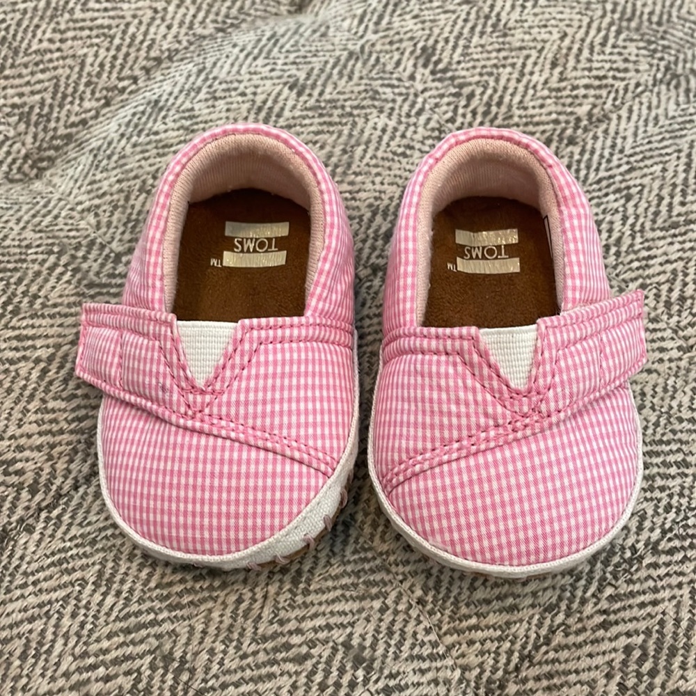 TOMS Pink Gingham Kids Shoes